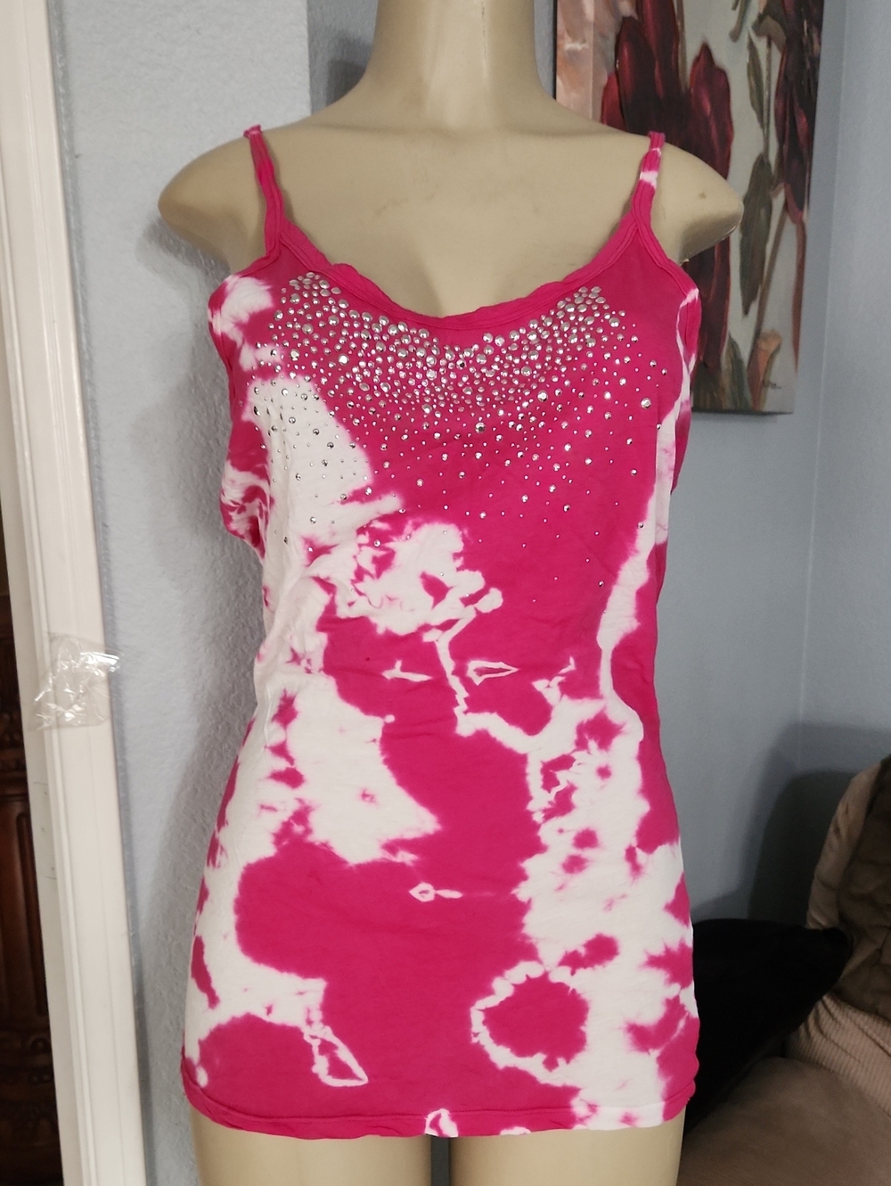 Women's Pink Tie-Dye Rhinestone Cami Tank Top